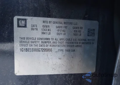 2016 Chevrolet Cruze Lt Auto z USA, uszkodzony, nr VIN 1G1BE5SM8G7295866